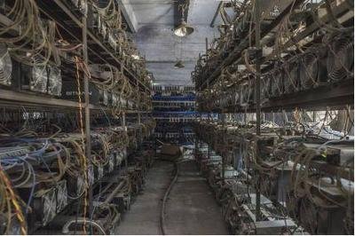 A bustling mining farm hosting rows of machines dedicated to Bitcoin and Ethereum extraction